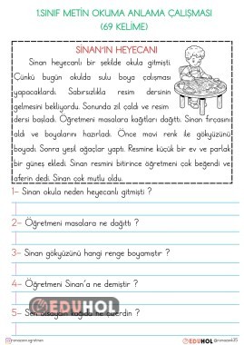 1.SINIF OKUMA ANLAMA METİNLERİ-SİNAN'IN HEYECANI (69 KELİME)