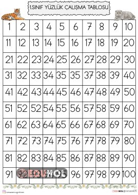 1.SINIF YÜZLÜK ÇALIŞMA TABLOSU KAĞIDI