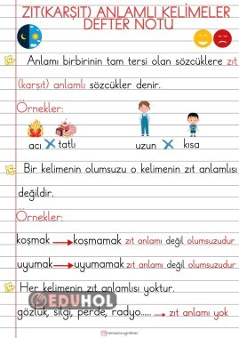 1.SINIF ZIT ANLAMLI KELİMELER DEFTER NOTU