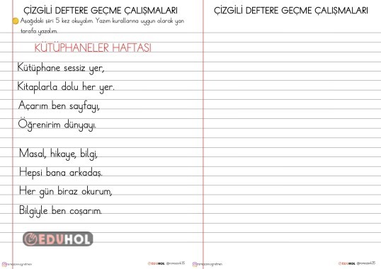 ÇİZGİLİ DEFTERE GEÇME ÇALIŞMALARI- KÜTÜPHANELER HAFTASI ŞİİRİ