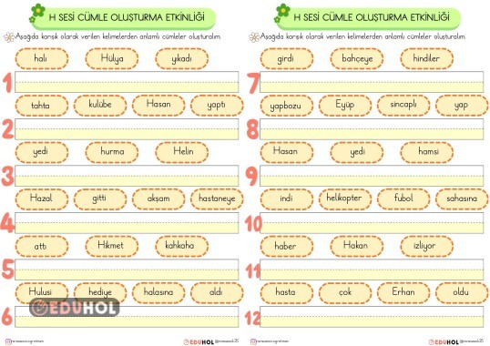 H SESİ KARIŞIK KELİMELERDEN CÜMLE OLUŞTURMA ETKİNLİĞİ