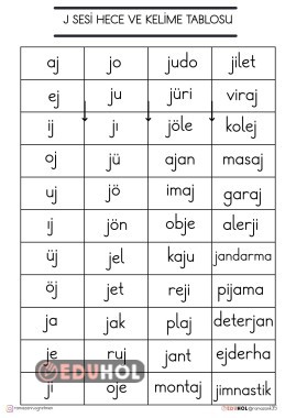 J SESİ HECE VE KELİME TABLOSU