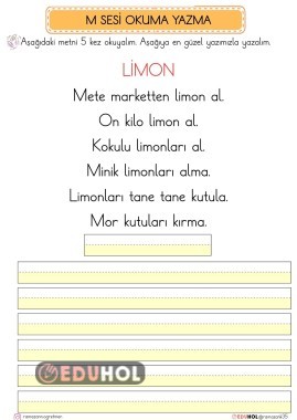 M SESİ METİN OKUMA YAZMA ÇALIŞMASI