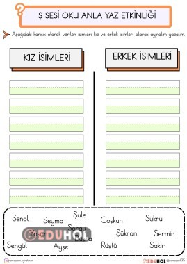 Ş SESİ OKU ANLA YAZ  ÖZEL İSİMLER