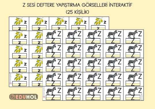 Z SESİ DEFTERE YAPIŞTIRMA GÖRSELLERİ İNTERAKTİF ( 25 KİŞİLİK)