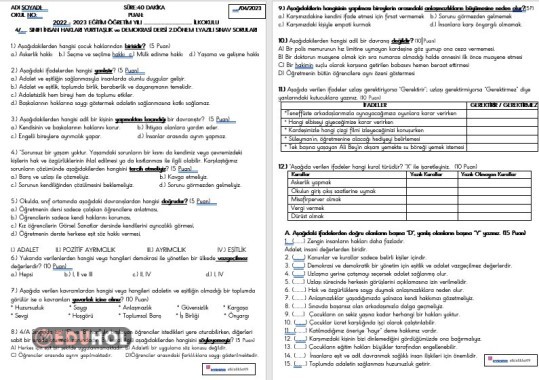 4.SINIF İNSAN HAKLARI YURTTAŞLIK VE DEMOKRASİ - 2.DÖNEM 1.YAZILI SINAV SORULARI