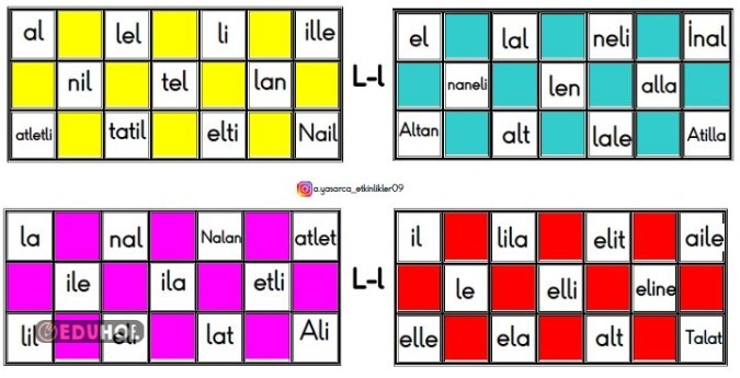 L HARFİ HECE VE KELİMELERİ KARTLARI
