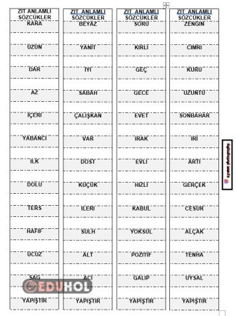 Zıt Anlamlı Kelimeler Merdiveni - Defter Çalışması