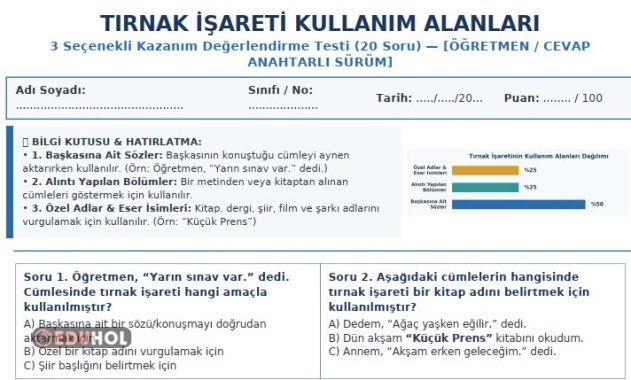 2.Sınıf_Türkçe_Tırnak_İşareti_test_3 seçenekli