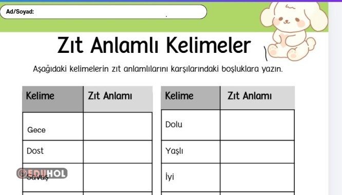 zıt anlam eş anlam çalışma kağıdı