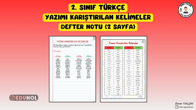 2. SINIF TÜRKÇE YAZIMI KARIŞTIRILAN KELİMELER DEFTER NOTU (2 SAYFA)