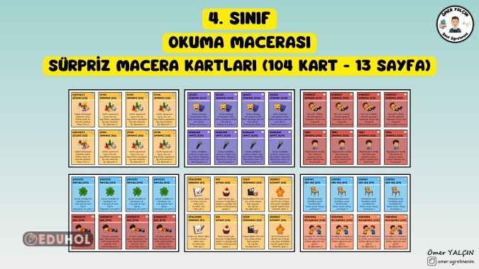 4. SINIF OKUMA MACERASI SÜRPRİZ MACERA KARTLARI (100 KART-13 SAYFA)