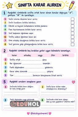 Hayat Bilgisi (Sınıf içi karar alma süreçleri) 5-6. Hafta Çalışma Kağıdı