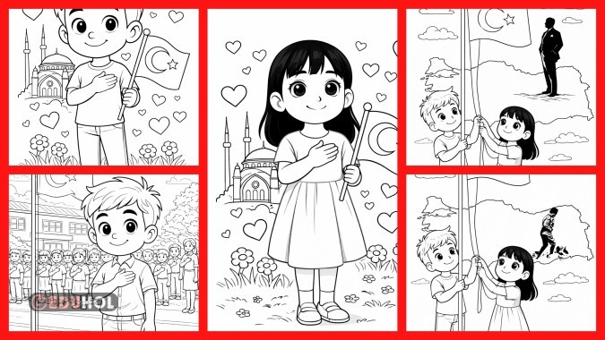 Okulda ilk gün Bayrak Sevgisi Boyama sayfaları