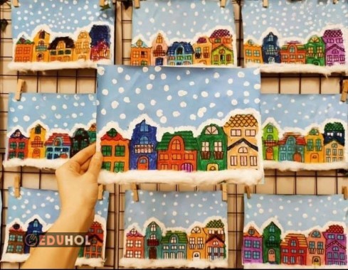 Renkli kış manzaralı 3 boyutlu evler