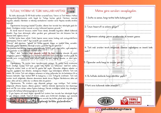 3 ve 4. Sınıfa uygun TUTUM YATIRIM TÜRK MALLARI HAFTASI  OKUMA ANLAMA ETKİNLİĞİ