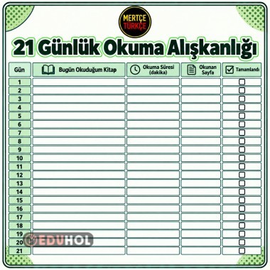 21 Günlük Okuma Alışkanlığı Çizelgesi | Kitap Okuma Takip Formu