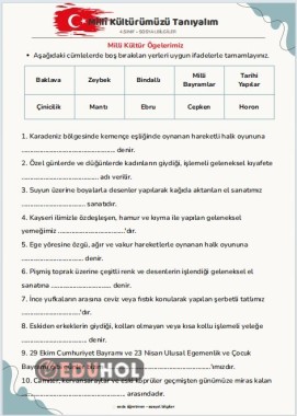 4. Sınıf Sosyal Bilgiler – Millî Kültür Ögeleri Pekiştirme Çalışması