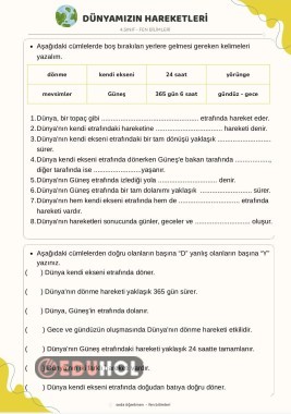 4.Sınıf Fen Bilimleri - Dünyamızın Hareketleri Pekiştirme Çalışması