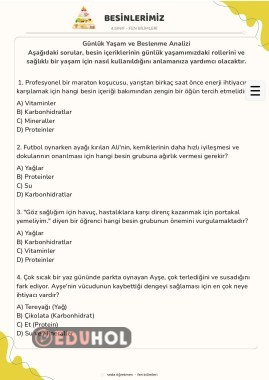 4.Sınıf Fen Bilimleri Besin İçerikleri Konu Tarama Testi - orta seviye