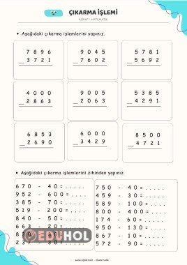 4.sınıf Matematik Çıkarma İşlemi