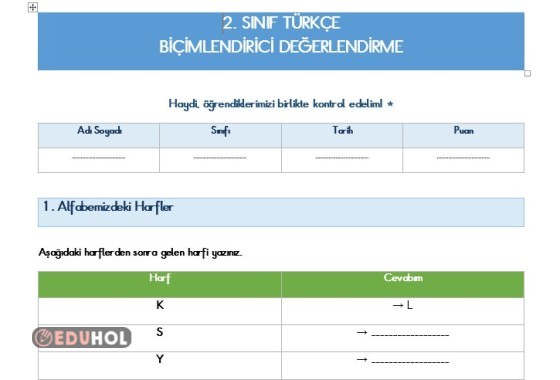 2.Sınıf Biçimlendirici Değerlendirme