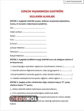 3.SINIF FEN BİLİMLERİ ELEKTRİĞİN GÜNÜMÜZDE KULLANIM ALANLARI