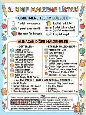3. SINIF İHTİYAÇ LİSTESİ
