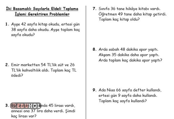ELDELİ TOPLAMA İŞLEMİ  PROBLEMLERİ