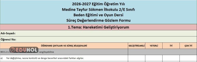 BEDEN EĞİTİMİ VE OYUN DERSİ SÜREÇ DEĞERLENDİRME GÖZLEM FORMU