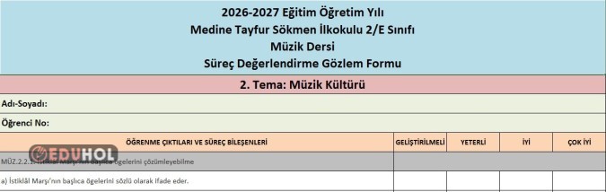 MÜZİK DERSİ SÜREÇ DEĞERLENDİRME GÖZLEM FORMU