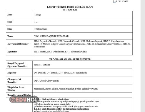 1.SINIF 17.HAFTA GÜNLÜK DERS PLANLARI(5-9 OCAK)