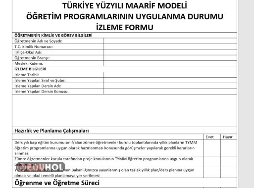 1.SINIF TÜRKİYE YÜZYILI MAARİF MODELİ TEFTİŞ FORMU