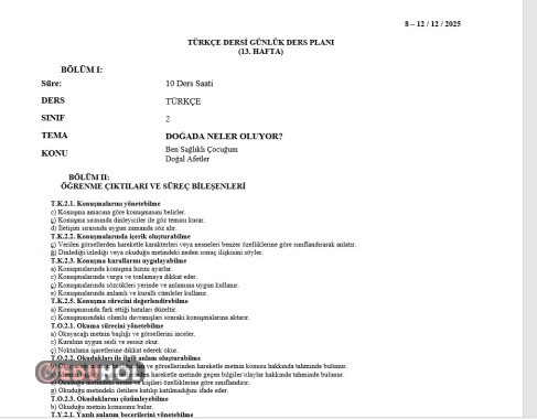2.SINIF 13.HAFTA(8-12 ARALIK) GÜNLÜK DERS PLANLARI