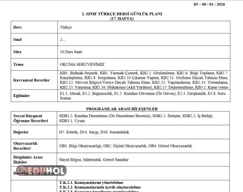 2.SINIF 17.HAFTA GÜNLÜK DERS PLANLARI(5-9 OCAK)