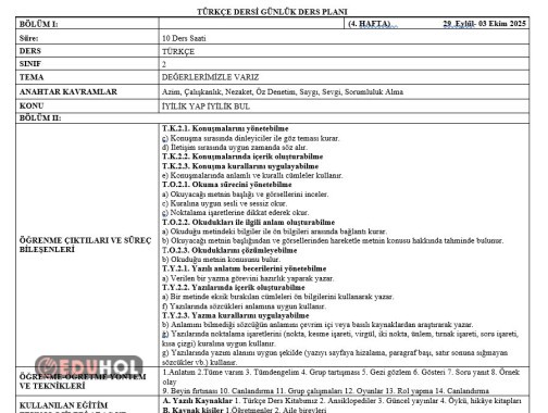 2.SINIF 4.HAFTA GÜNLÜK PLANLAR