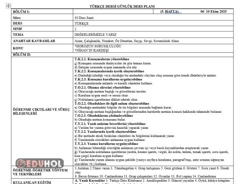 2.SINIF 5.HAFTA GÜNLÜK PLANLAR