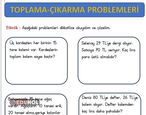 2.SINIF MATEMATİK TOPLAMA ÇIKARMA PROBLEMLERİ
