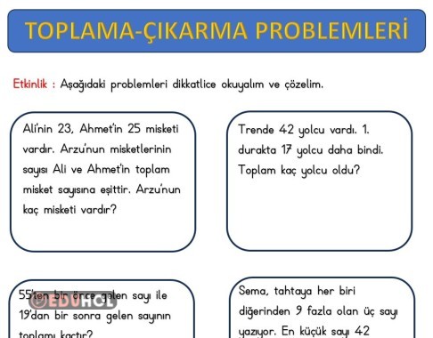 2.SINIF MATEMATİK TOPLAMA ÇIKARMA PROBLEMLERİ