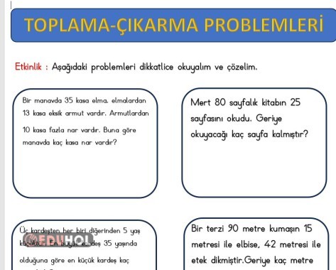 2.SINIF MATEMATİK TOPLAMA ÇIKARMA PROBLEMLERİ
