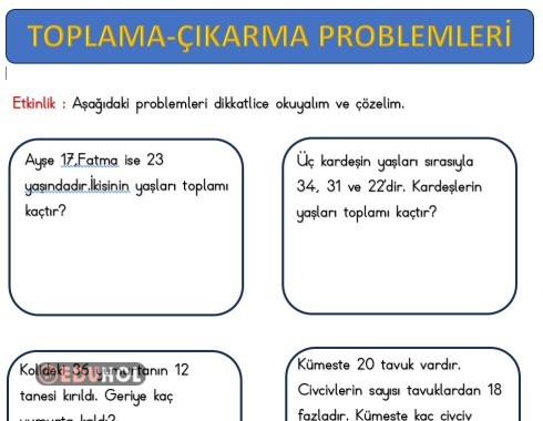 2.SINIF MATEMATİK TOPLAMA ÇIKARMA PROBLEMLERİ