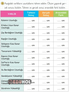 2.SINIF MATEMATİK UZUNLUK TAHMİN ETME ETKİNLİK