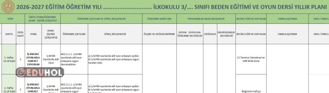 2026-2027 3.SINIF BEDEN EĞİTİMİ VE OYUN DERSİ MAARİF MODEL YILLIK PLANI