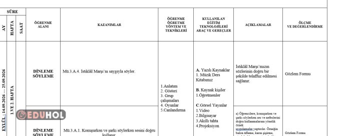 2026-2027 3.SINIF MÜZİK DERSİ MAARİF MODEL YILLIK PLANI