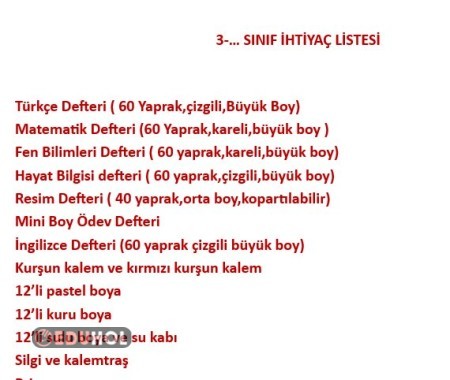 2026-2027 3.SINIFLAR İÇİN İHTİYAÇ LİSTESİ