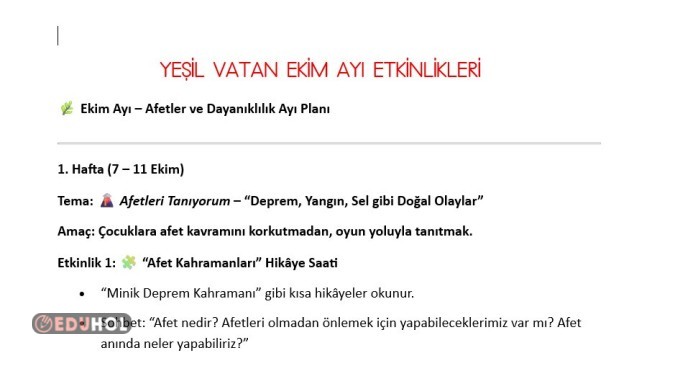 YEŞİL VATAN PROJESİ EKİM AYI ETKİNLİK PLANI
