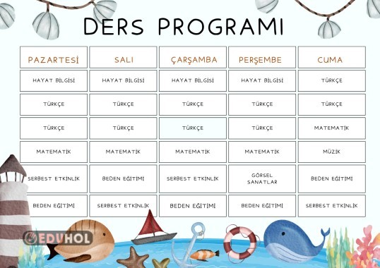DERS PROGRAMI - 1. SINIF - DOLU VE BOŞ HALLERİYLE