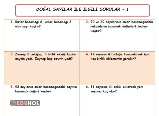 Basamak değerleri ile ilgili karma sorular içerir.