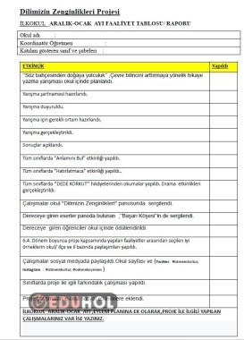 Aralık-ocak ayı ilkokul kademesi proje faaliyet tablosu raporu
