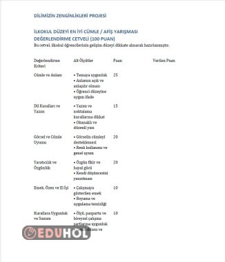 DİLİMİZİN ZENGİNLİKLERİ PROJESİ İLKOKUL DÜZEYİ EN İYİ CÜMLE / AFİŞ YARIŞMASI DEĞERLENDİRME CETVELİ